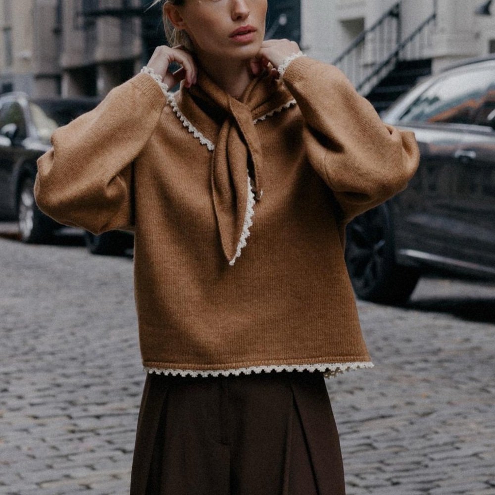 Zara Bandana Lace Knit Jumper / Sweater Camel NWT - Picture 2 of 9